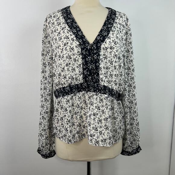Madewell Women's Peplum Blouse Black and White Ditsy Floral Print Airy Size XL - Picture 4 of 16